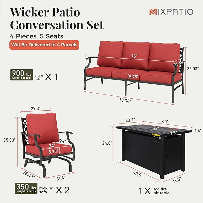 Patio Furniture Set, 4 Pcs Metal Outdoor Conversation Set, 2 Rocking Chairs and 3 Seater Sofa with 5.75" Extra Thick Cushion and Gas Fire Pit Table for Backyard Deck, Red