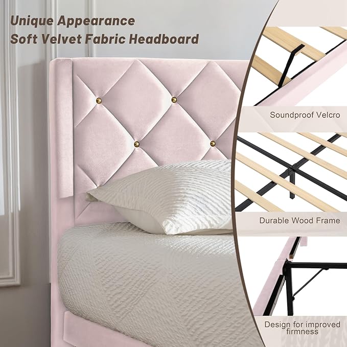 Queen Size Platform Bed Frame with Velvet Upholstered Headboard and Sturdy Wooden Slats Support,Mattress Foundation,Easy Assembly, No Box Spring Needed,Slip Resistant (Pink, Queen)