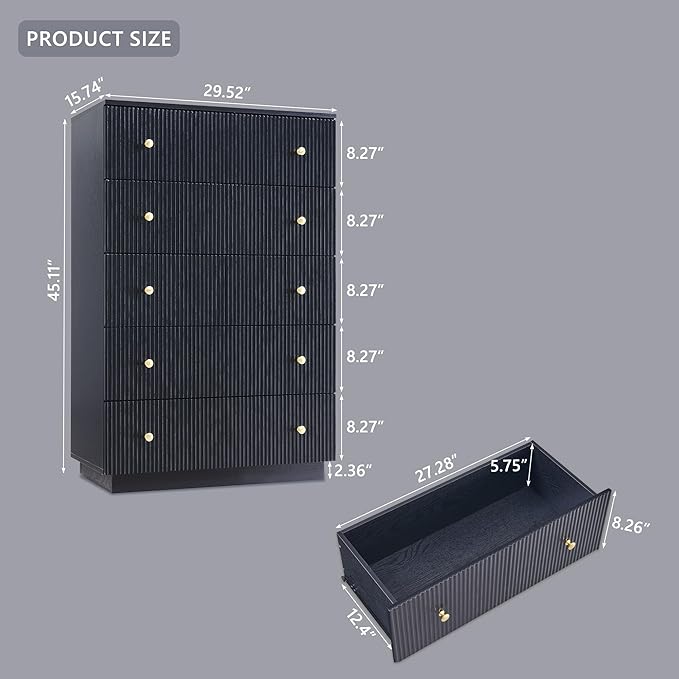 Fluted Dresser for Bedroom, Black 5 Drawer Dressers, Wood Tall Dresser Storage Organizer, Chest of Drawers with Deep Storage, Modern Bedroom Chest for Closet Hallway, Entryway, Living Room
