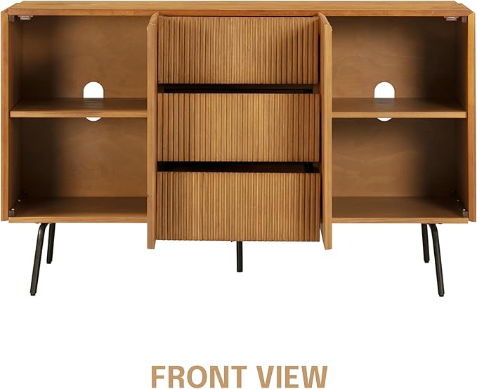 NTC Veil Sideboard with 2 Doors and 3 Drawers, Buffet Cabinet with Vertical Groove Design and Metal Legs, Storage Cabinet for Living Room, and Entryway, Effortless Assembly, Teak Look