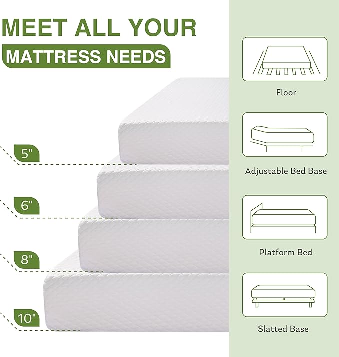 EGOHOME 6 Inch Queen Size Mattress for Kids, Memory Foam Mattress with Cooling Green Tea Gel, Relieve Pressure with Medium Firm Support, CertiPUR-US Certified, 80''L x 60''W, White