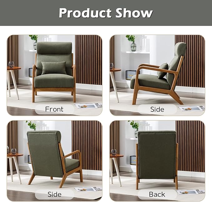 INZOY Mid Century Modern Accent Chair with High Back, Upholstered Living Room Chairs with Waist Cushion, Wood Frame Reading Armchair for Bedroom Sunroom, Green