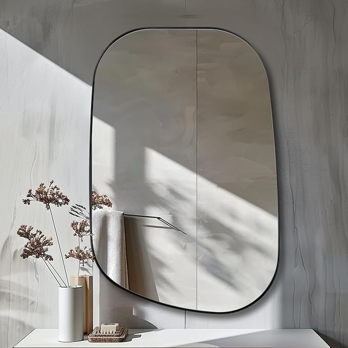 ANDY STAR 24"x36" Black Bathroom Mirror, Irregular Wall Mirror in Stainless Steel Metal Frame, Modern Matte Black Finish with Curved Edge Design, Wall-Mount Vertically or Horizontally