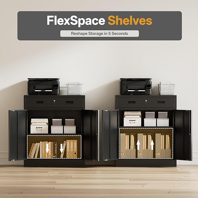 Steel Storage Cabinets,Metal Storage Cabinet with 1 Locking Drawers, Locking Storage Cabinets for Office, Home, Garage, Warehouse 37" H x 31.5" W x 15.7" D (Black)
