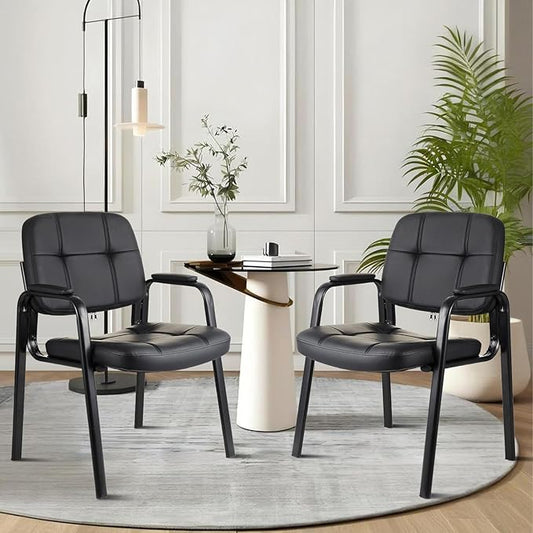 CLLATINA Waiting Room Chairs with Padded Arms Leather Guest Chair no Wheels for Office Reception and Conference Desk Black, 4 Pack