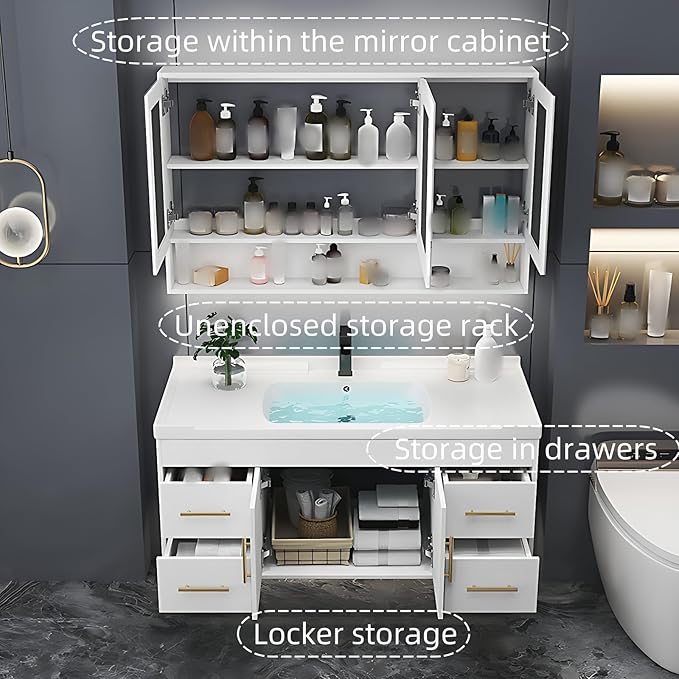 60IN Modern Bathroom Vanity - LED Intelligent Mirror Cabinet Includes Time Display & Defogging | Bathroom Cabinet with Sink & Open Storage Compartments, Ceramic Washbasin, 4 Drawers (Style B)