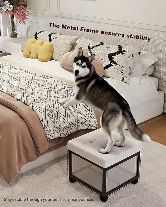 17.7 inches Chenille turfed Ottomans Cube with Legs, Metal-Framed Square Storage Ottoman Foot Rest Stool Holds 770 LB for Dorm Living Room Bedroom White UASND641W
