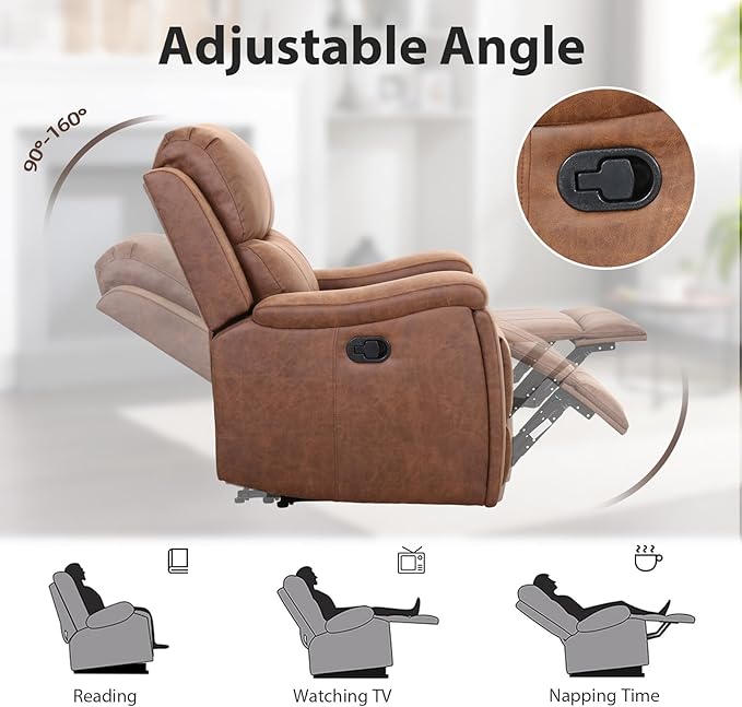 Brown Recliner Chair, Single Overstuffed Sofa Recliners, Breathable Faux Leather Manual Reclining Chairs with Hidden Cup Holder, Arm and Back for Adults, Living Room, Bedroom, Brown