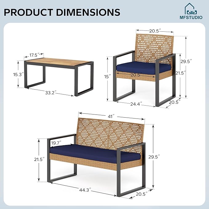 MFSTUDIO 4 Pieces Outdoor Patio Furniture Set, Small Outdoor Rattan Couch with Wood Table, Loveseat & Chairs, Loveseat Patio Sectional Furniture Set, Blue