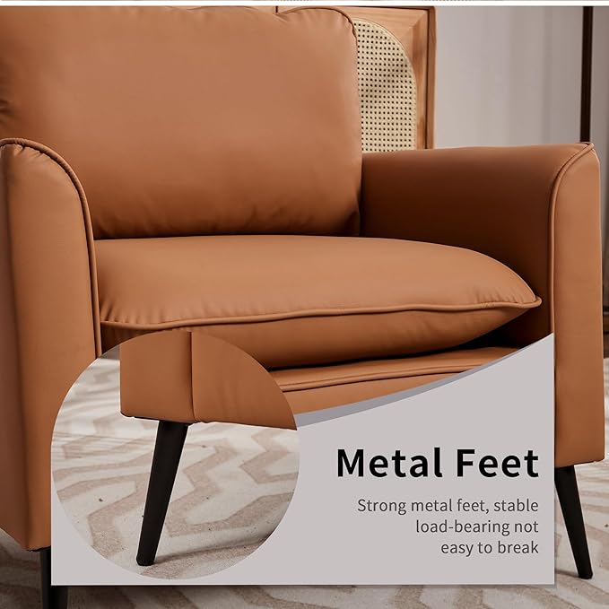 YISHENG Mid-Century Modern Living Room Accent Chairs Set of 2 - Oversized Faux Leather Armchairs with Removable Cushions & Metal Legs, Comfortable Sofas for Office/Lounge/Bedroom/Reception,(Brown)