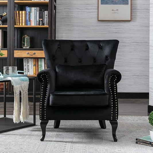 chairus Mid-Century Modern Accent Chair Comfy Tufted Single Sofa Chair Wingback Armchair with Pillow for Club, Living Room, Bedroom - Velvet, Black