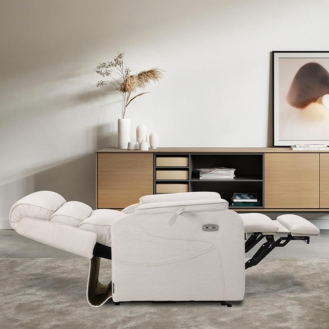 EONIX Wide Lay Flat Power Lift Recliner Chair for Elderly, Heavy Duty Oversized Fabric Lift Chairs Recliner Sofa with Heat and Massage and Charging Ports, Chenille White