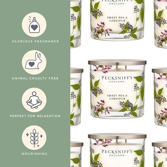 Pecksniff’s 3 Wick Candle – Sweet Pea & Lark Spur, 550 g / 19.4 oz – Long Lasting Burn, Elegant Home Decor & Relaxing Ambiance