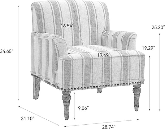 Pia Ricco Stripe Accent Chair-Modern Nailhead Trim & Wood Legs Armchair - Comfy Living Room, Bedroom, or Home Office Seating-Light Blue