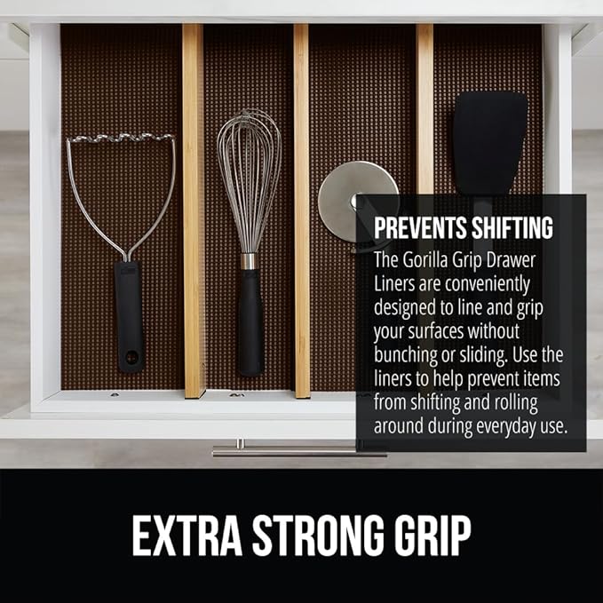 GORILLA GRIP powerGRIP Drawer Shelf and Cabinet Liner, Thick Strong Hold, Non-Adhesive Liners Protect Kitchen Cabinets and Cupboard, Bathroom Drawers, Easy Install, Breathable Mat, 17.5" x20', Brown