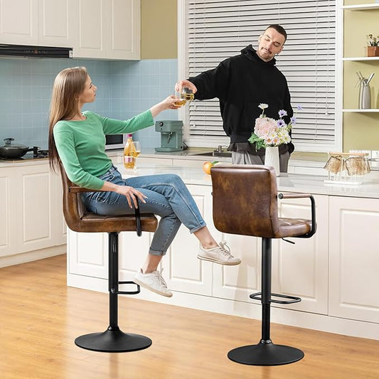 Furniliving Bar Stools Set of 2 with Back, Modern Square PU Leather Kitchen Stools with Armrest, Adjustable Counter Height Barstools for Kitchen Bar Pub Cafe (Yellowbrown)