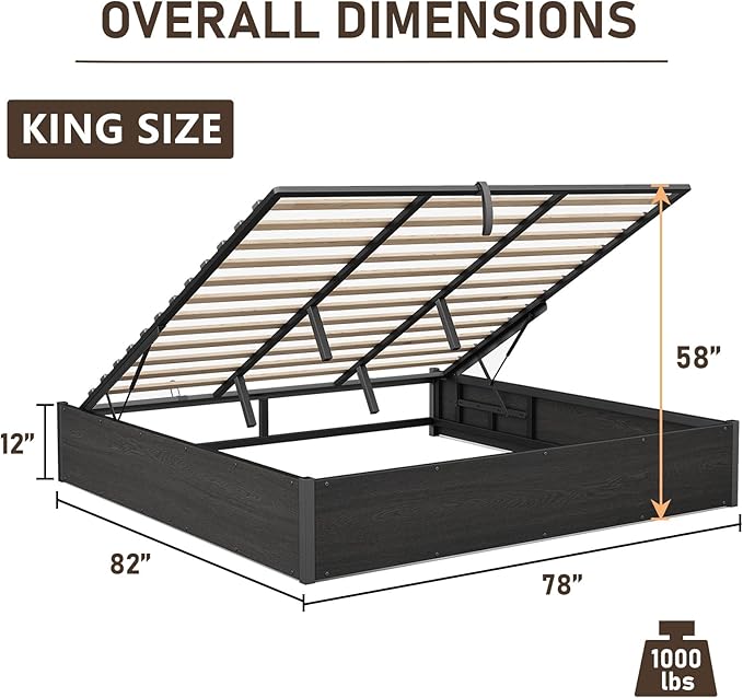 Lift Up Storage Bed Frame, King Size Wooden Platform Bed with Large Storage Underneath, No Box Spring Needed, Noise Free, Black