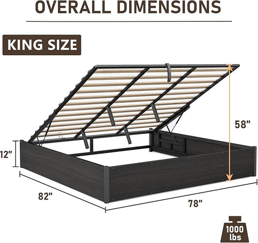 Lift Up Storage Bed Frame, King Size Wooden Platform Bed with Large Storage Underneath, No Box Spring Needed, Noise Free, Black
