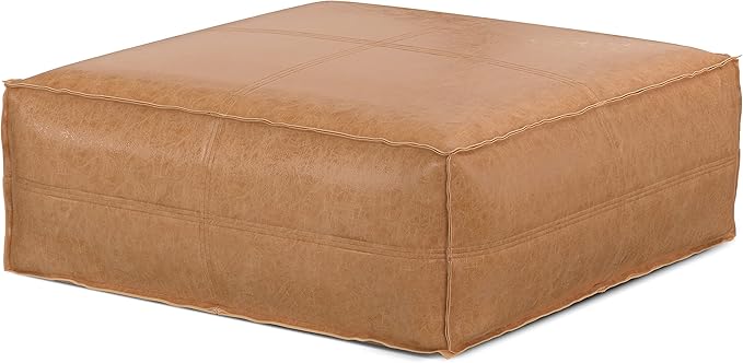 SIMPLIHOME Brody 36-inch Wide Extra Large Square Coffee Table Pouf in Distressed Brown Vegan Faux Leather, Boho-Style Ottoman, Footrest, or Extra Seating for Living Room, Assembled