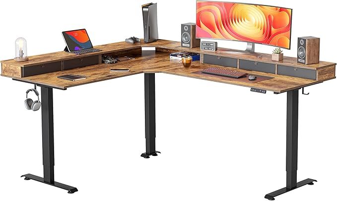 FEZIBO 75", 330lbs Load Capacity, L Shaped Standing Desk with Drawers, Reversible Electric Standing Gaming Desk Adjustable Height, Corner Stand up Desk with Splice Board, Black Frame/Rustic Brown Top