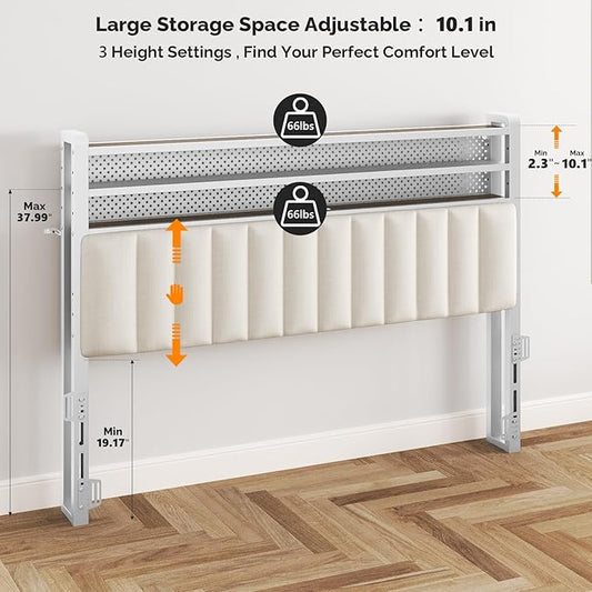 VINGLI King Size Headboard Only, Adjustable Upholstered Headboard with 3 Tier Shelves and Pegboard with Charging Stations and LED Lights, Modern Bed Headboard with Storage for Bedroom Decor