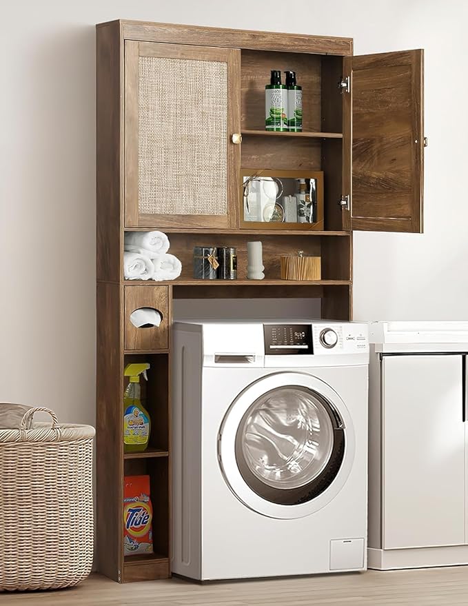 Over The Toilet Storage Cabinet, Over Toilet Bathroom Organizer with Double Doors and Adjustable Shelf, Freestanding Home Space Save Toilet Rack (Rustic Brown, Double Doors)