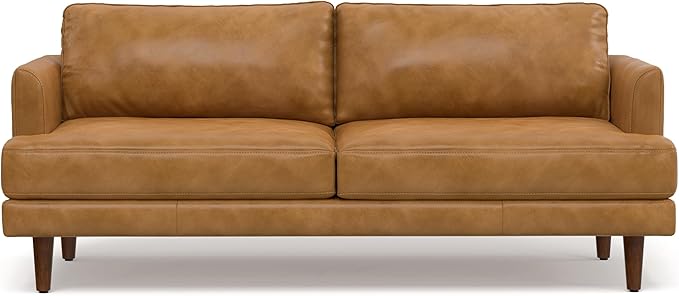 SIMPLIHOME Livingston 76-inch Wide Sofa in Sienna Top Grain Genuine Leather, Handcrafted Mid-Century Modern Loveseat for Living Room, Compact 2-Seater with Feather-Wrapped Cushions