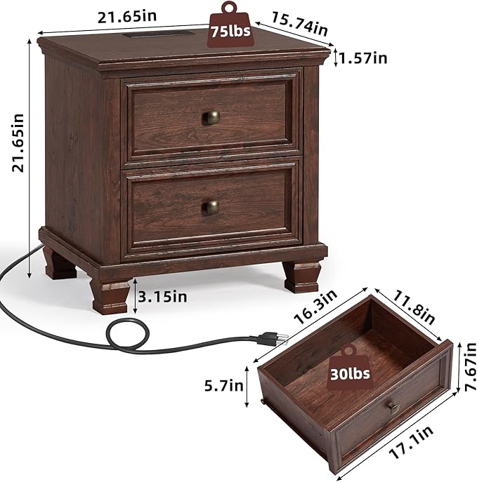 Farmhouse Nightstand Set of 2, Rustic Low Nightstands with 2 Drawers & Charging Station, Vintage Night Stands with 4 Square Solid Wood Legs, Small Dresser for Bedroom, Home, Walnut
