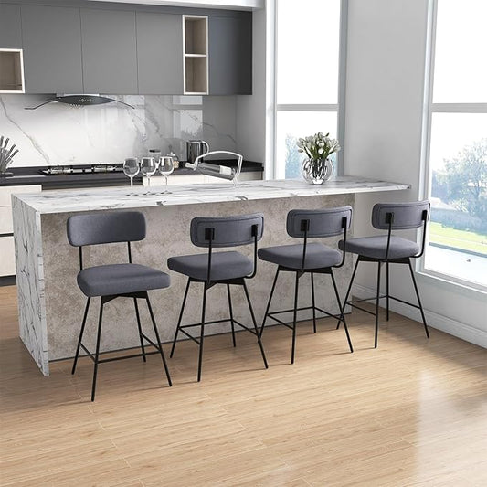 COSTWAY Bar Stools Set of 4, 25” Upholstered Counter Height Bar Stools with Back, 360° Swivel Dining Chairs with Heavy-Duty Metal Legs and Footrests, for Kitchen Island, Dining Room, Bar (4, Grey)