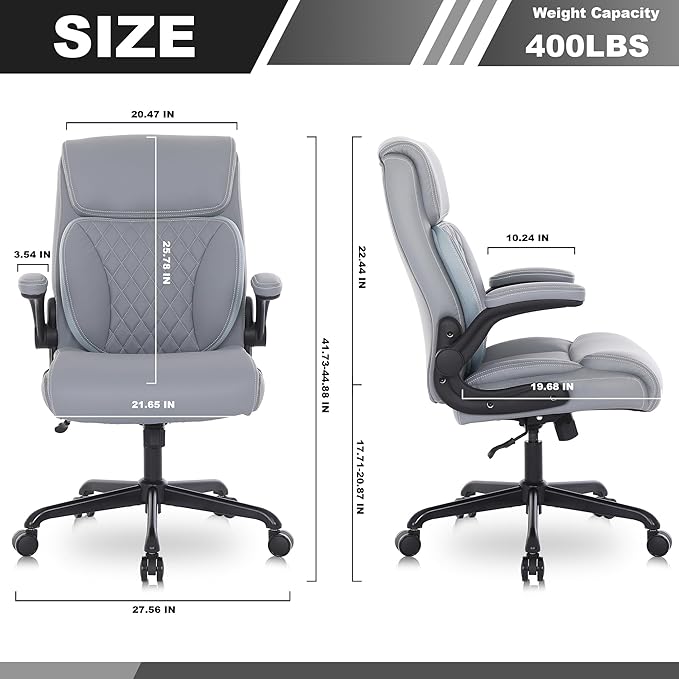 Youhauchair Executive Office Chair, Ergonomic PU Leather Computer Desk Chair with Lumbar Support, Flip-up Armrests and Adjustable Height, for Home Office, Grey