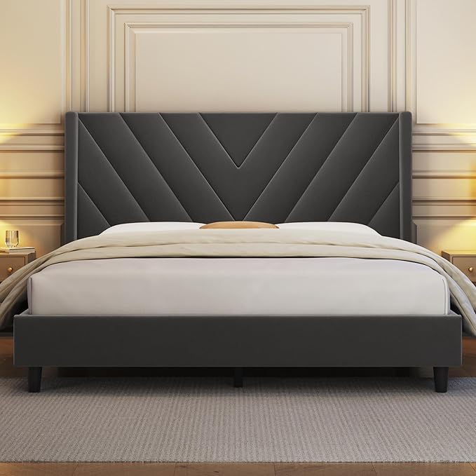Yaheetech Full Bed Frame Upholstered Platform Bed with Wing Side Tufted Headboard/Sturdy Wooden Slat Support/No Box Spring Needed/Mattress Foundation,Dark Gray Full Bed