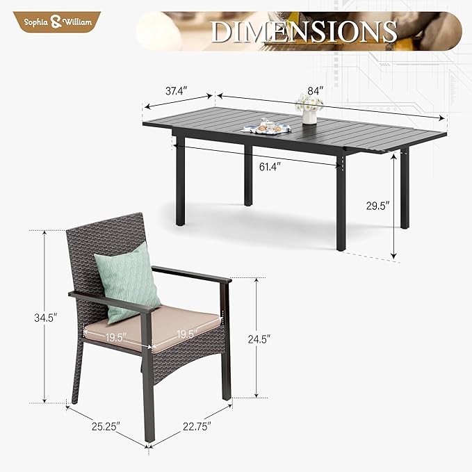 Sophia & William 9 Pieces Patio Dining Set for 6-8 People, Expandable Rectangular Metal Outdoor Table and Rattan Chairs with Cushions, All Weather Patio Table and Chairs Set