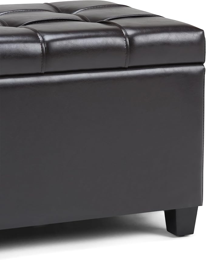 SIMPLIHOME Sienna 33 inch Wide Transitional Rectangle Storage Ottoman Bench in Tanners Brown Vegan Faux Leather, Assembled, For the Living Room, Entryway and Family Room