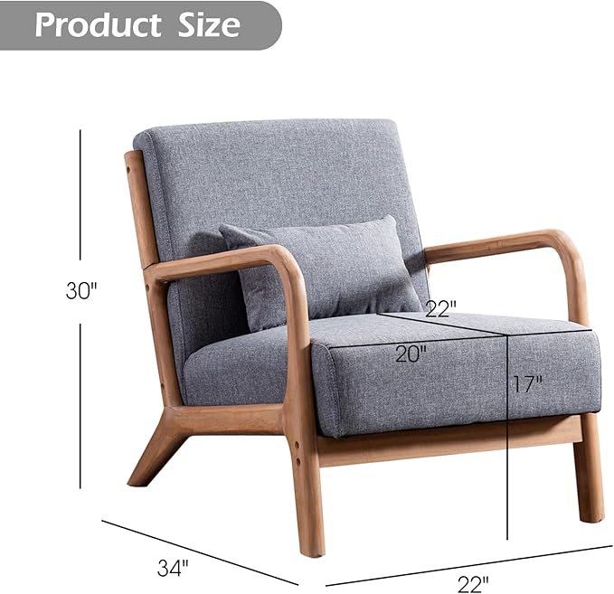 Accent Chair Mid Century Modern Chair Linen Fabric Living Room Chairs with Solid Wood Frame Comfy Upholstered and Lumbar Pillow Reading Side Chair Easy Assembly for Bedroom (1, Grey)