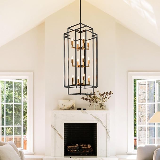 Farmhouse 12-Light Lantern Tiered Pendant Light Fixture - Entryway Chandelier for High Ceilings, Staircase, Hallway (Black and Gold)