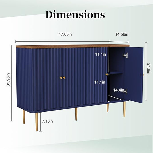 HLR Sideboard Buffet Cabinet, 48" Modern Accent Cabinet with 4 Door and Removable Shelves, Credenza with Storage for Living Room, Dinning Room, Entryway, Blue