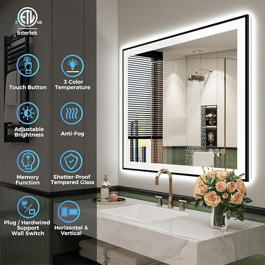 32x36 Inch LED Bathroom Mirror with Lights (Front Lit and Backlit) Black Framed Lighted Vanity Mirror for Bathroom Wall Dimmable Anti-Fog Memory Tempered Glass Horizontal/Vertical