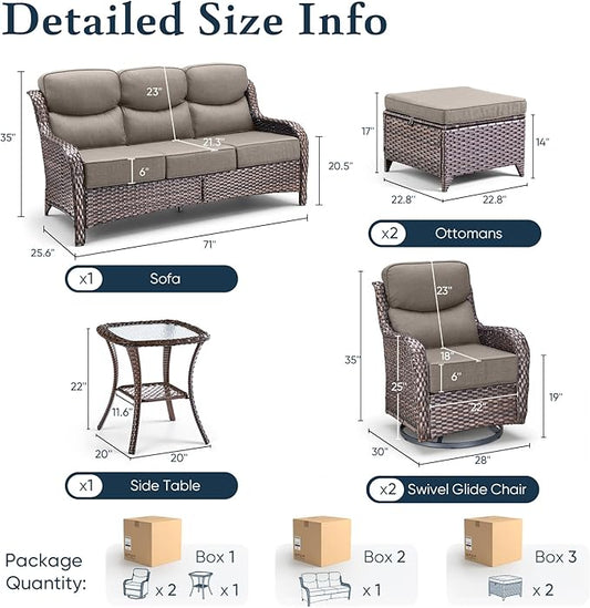 Belord Luxury 6" Thick Cushioned 6 Pieces Patio Furniture Set with Outdoor Couch, Wicker Outdoor Conversation Set with High Back Swivel Rocker Chairs for Deck Porch Yard and Poolside - Brown+Grey