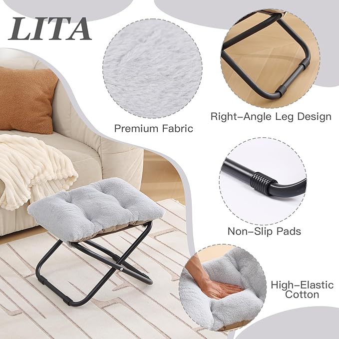 LITA Folding Footrest Stool, Portable Ottoman Foot Rest, Upholstered Small Foldable Ottoman Stool with Detachable Thick Cotton Cushion Padded Sofa Stool for Living Room, Bedroom, Plush Grey