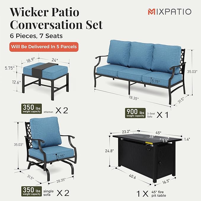 Patio Furniture Set, 6 Pcs Metal Outdoor Conversation Set, 2 Rocker Chairs, 2 Ottomans and 3 Seater Sofa with 5.75" Extra Thick Cushion and Gas Fire Pit Table, Navy Blue