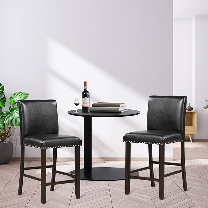 COSTWAY Bar Stools Set of 2, 25.5” PVC Leather Armless Counter Height Chair with Back, Kitchen Island Breakfast Chair for Dining Room, Party Room & Restaurant (2, Black)