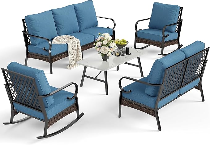 5 Piece Metal Outdoor Patio Furniture Set, Patio Conversation Set with 3-Seater Sofa, Loveseat, 2 Rocking Sofa (5.75" Thick Cushion) & Coffee Table Black Backyard Furniture, Denim Blue