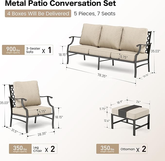 Patio Furniture Set, Modern Metal Outdoor Patio Furniture, 3 Seater Sofa, 2 Fixed Chairs, 2 Ottomans and 5.75" Extra Thick Cushion, Patio Conversation Set for Garden Backyard Deck