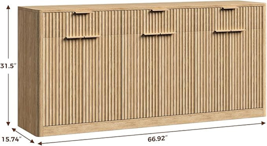 Evermagin 67" Fluted Oak Sideboard Buffet Cabinet with 3 Drawers, Modern Credenza with Storage, Console Coffee Bar Cabinet for Kitchen, Living Room and Entryway (67" W x 31.5" H x 15.7" D)