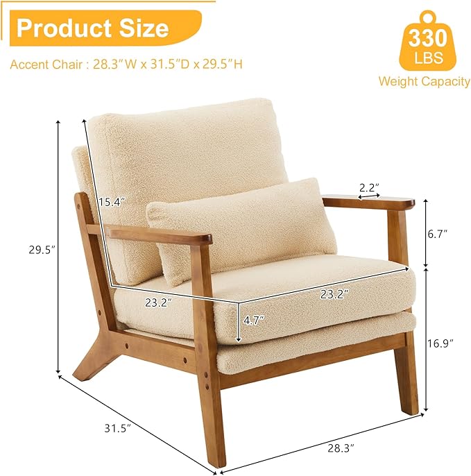 Karl home Accent Chair Wide Armrest Mid-Century Lounge Chair Teddy Fleece Armchair with Lumbar Pillow & Solid Wood Frame for Living Room, Bedroom, Balcony, Khaki