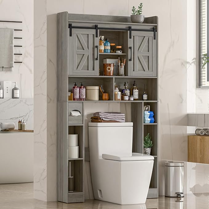 Farmhouse Storage Cabinet Over Toilet with Sliding Doors,Over The Toilet Storage Cabinet, Home Space-Saving Toilet Rack, for Bathroom, Restroom, Laundry