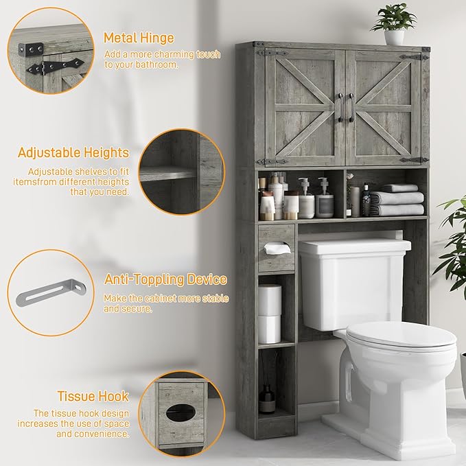 Vabches Over The Toilet Storage Cabinet, Farmhouse Storage Cabinet Over Toilet with 2 Barn Doors & Toilet Paper Holder Stand,Home Space-Saving Toilet Rack, for Laundry, Bathroom, Restroom.Grey Oak