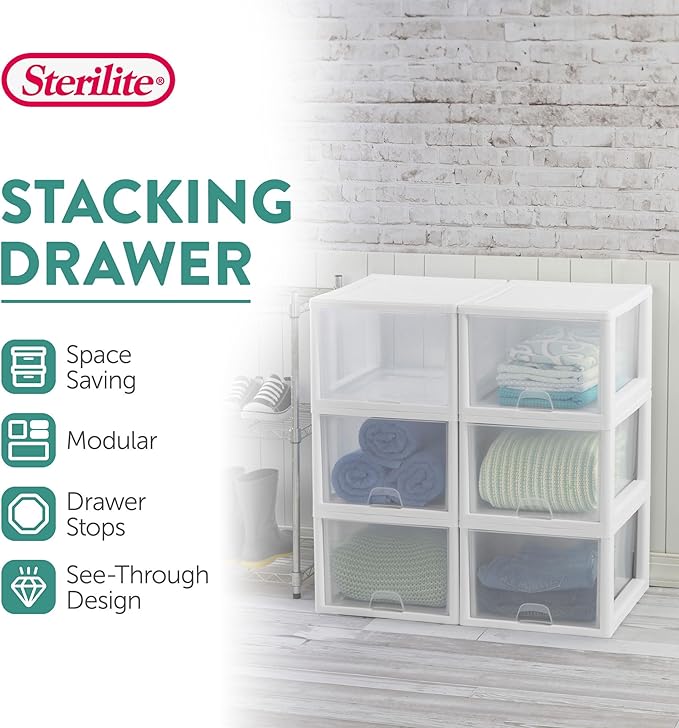 Sterilite 4-Pack 27 Quart Stacking Drawer, Clear Storage Closet Organizer, White Frame - Stackable Modular Plastic Drawers for Clothes, Accessories, Craft Supplies, Shoes or Linens