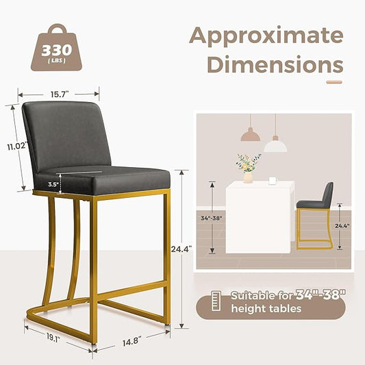 MAISON ARTS Counter Height Bar Stools Set of 3 with Back for Kitchen Counter 24 inch Modern Gold Barstools Upholstered Faux Leather Farmhouse Bar Chairs Island Stools Support 330LBS, Grey+Gold
