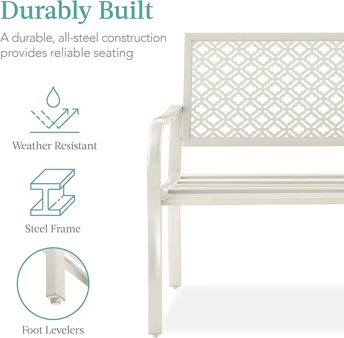 Best Choice Products Outdoor Bench 2-Person Metal Steel Benches Furniture for Garden, Patio, Porch, Entryway w/Geometric Backrest, 790lb Capacity - Ivory